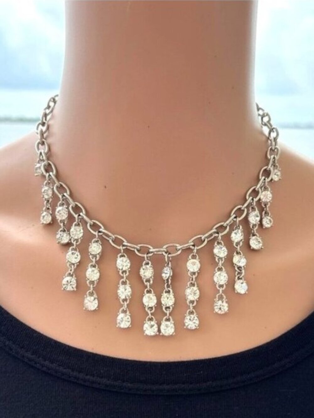 Cookie Lee Necklace Cascading Crystal Fringe Silver Tone Adjustable Length